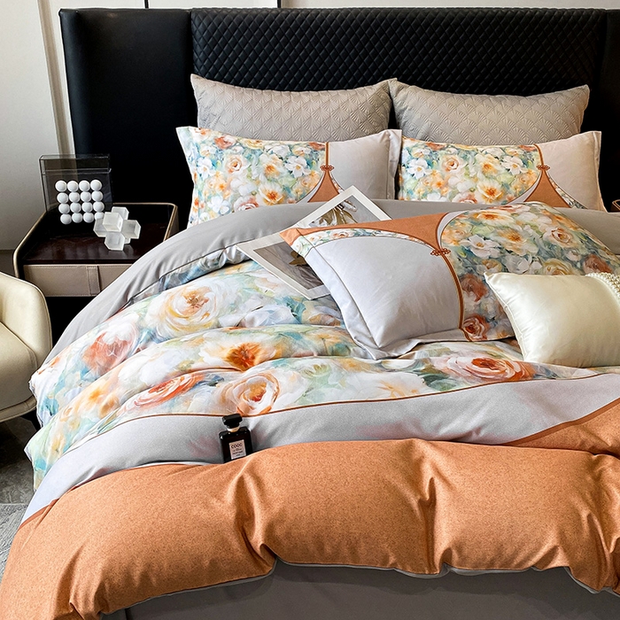 91家纺网 家纺一手货源 找家纺 大麦乐田 2025新款珍珠棉大版印花四件套 花涧-桔