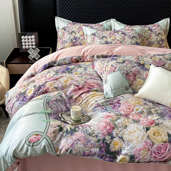 91家纺网 家纺一手货源 找家纺 大麦乐田 2025新款珍珠棉大版印花四件套 梦谷-绿