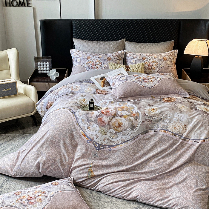 91家纺网 家纺一手货源 找家纺 大麦乐田 2025新款珍珠棉大版印花四件套 境澜-灰