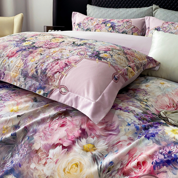 91家纺网 家纺一手货源 找家纺 大麦乐田 2025新款珍珠棉大版印花四件套 梦谷-粉