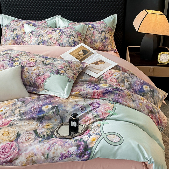 91家纺网 家纺一手货源 找家纺 大麦乐田 2025新款珍珠棉大版印花四件套 梦谷-绿