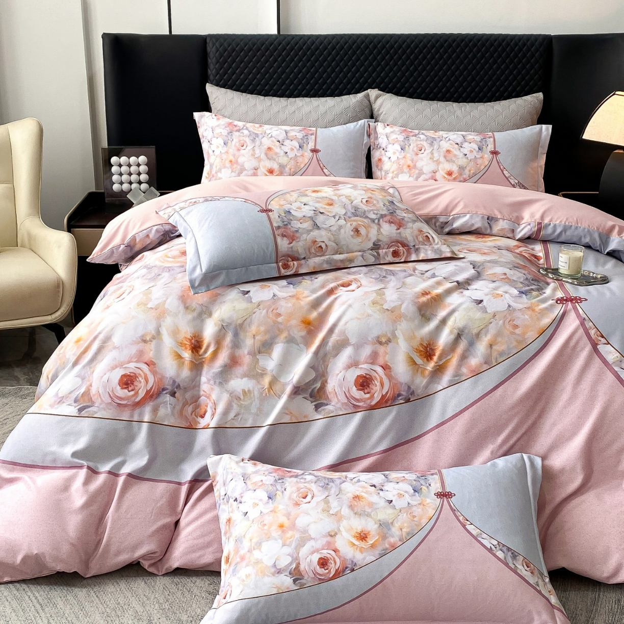 91家纺网 家纺一手货源 找家纺 大麦乐田 2025新款珍珠棉大版印花四件套 花涧-粉