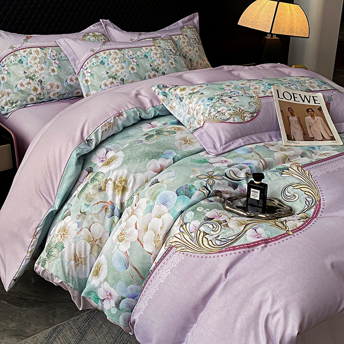 91家纺网 家纺一手货源 找家纺 大麦乐田 2025新款珍珠棉大版印花四件套 若芸-紫