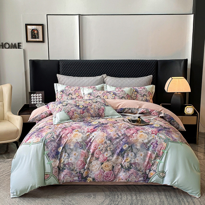 91家纺网 家纺一手货源 找家纺 大麦乐田 2025新款珍珠棉大版印花四件套 梦谷-绿