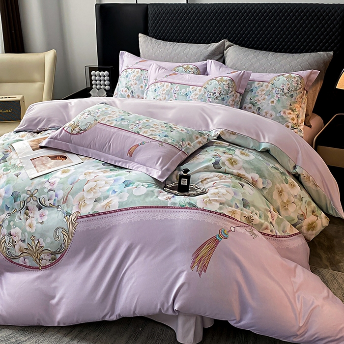 91家纺网 家纺一手货源 找家纺 大麦乐田 2025新款珍珠棉大版印花四件套 若芸-紫