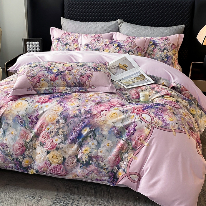 91家纺网 家纺一手货源 找家纺 大麦乐田 2025新款珍珠棉大版印花四件套 梦谷-粉