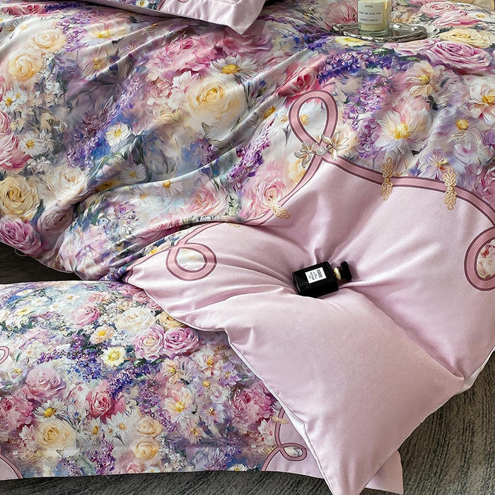 91家纺网 家纺一手货源 找家纺 大麦乐田 2025新款珍珠棉大版印花四件套 梦谷-粉