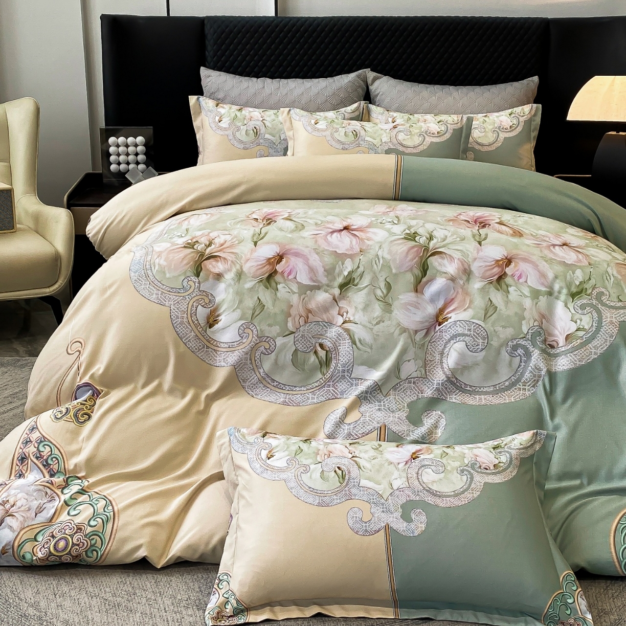 91家纺网 家纺一手货源 找家纺 大麦乐田 2025新款珍珠棉大版印花四件套 芳华-黄