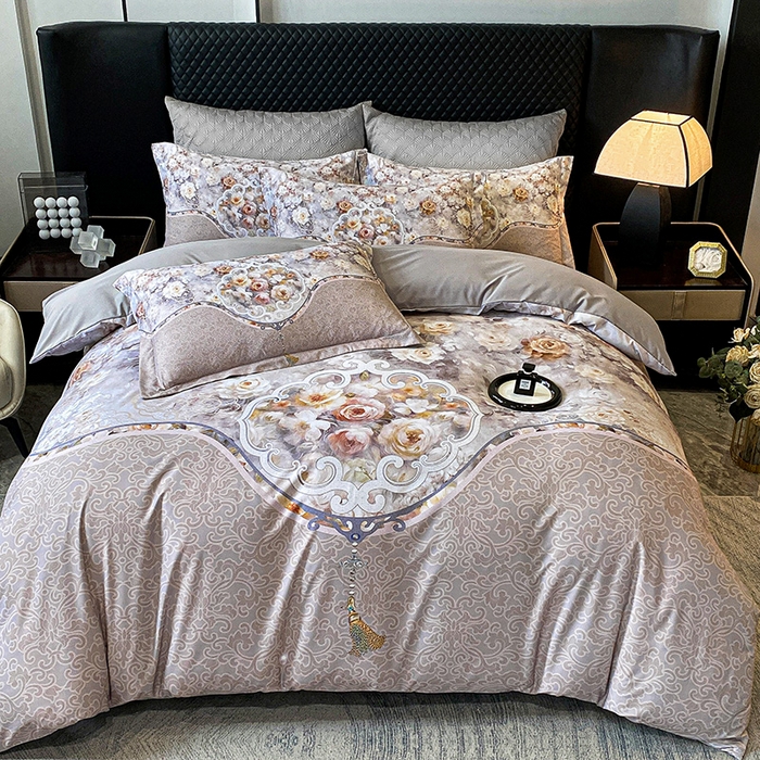 91家纺网 家纺一手货源 找家纺 大麦乐田 2025新款珍珠棉大版印花四件套 境澜-灰