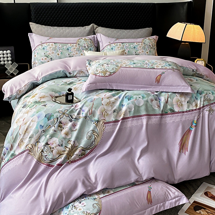 91家纺网 家纺一手货源 找家纺 大麦乐田 2025新款珍珠棉大版印花四件套 若芸-紫