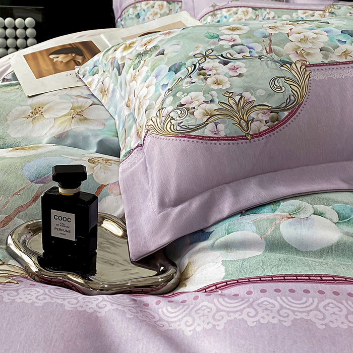 91家纺网 家纺一手货源 找家纺 大麦乐田 2025新款珍珠棉大版印花四件套 若芸-紫