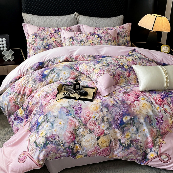 91家纺网 家纺一手货源 找家纺 大麦乐田 2025新款珍珠棉大版印花四件套 梦谷-粉