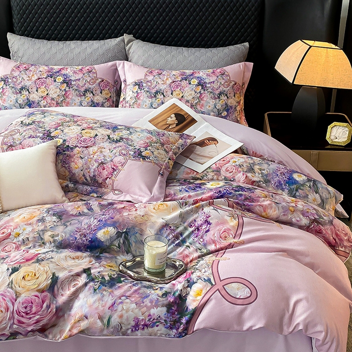 91家纺网 家纺一手货源 找家纺 大麦乐田 2025新款珍珠棉大版印花四件套 梦谷-粉