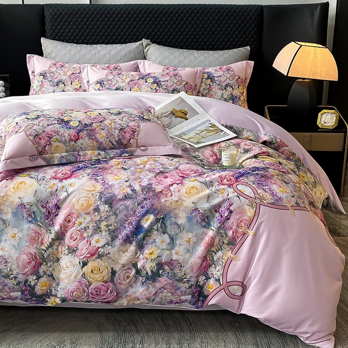 91家纺网 家纺一手货源 找家纺 大麦乐田 2025新款珍珠棉大版印花四件套 梦谷-粉