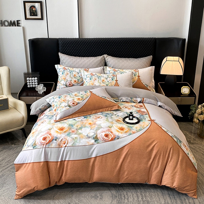 91家纺网 家纺一手货源 找家纺 大麦乐田 2025新款珍珠棉大版印花四件套 花涧-桔