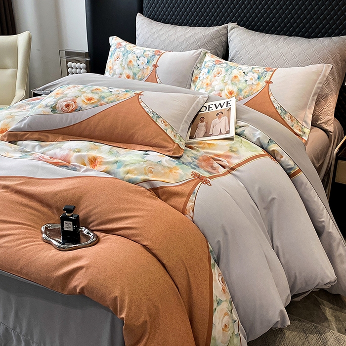 91家纺网 家纺一手货源 找家纺 大麦乐田 2025新款珍珠棉大版印花四件套 花涧-桔