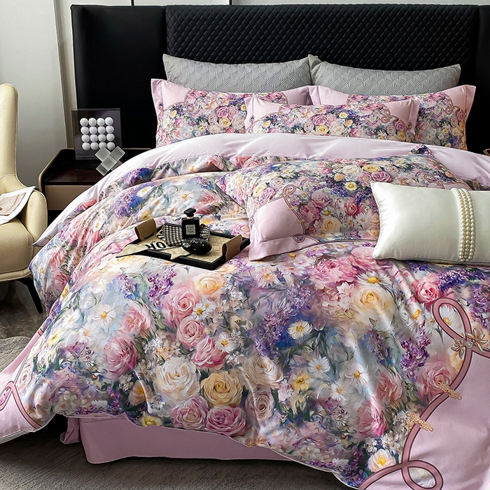 91家纺网 家纺一手货源 找家纺 大麦乐田 2025新款珍珠棉大版印花四件套 梦谷-粉