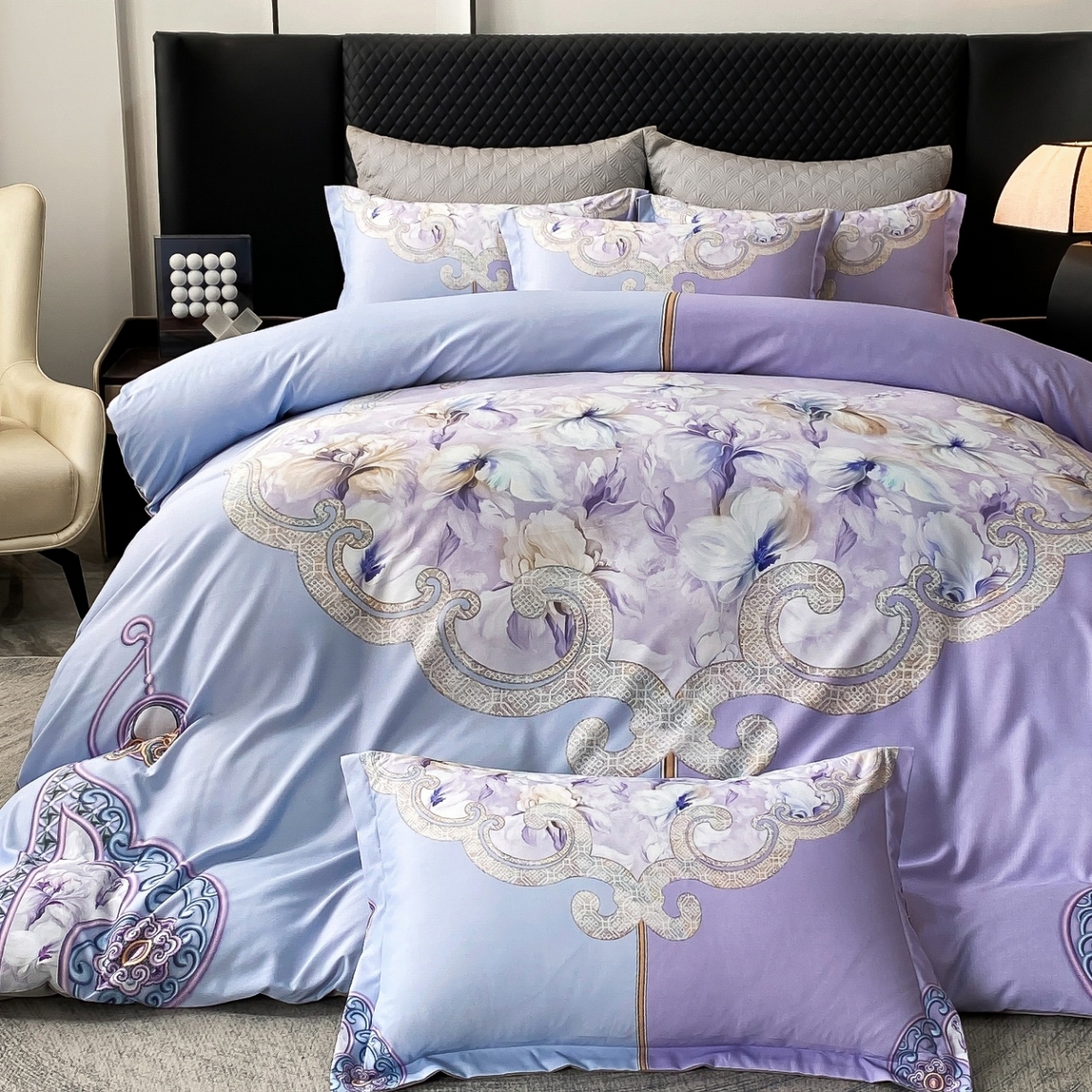 91家纺网 家纺一手货源 找家纺 大麦乐田 2025新款珍珠棉大版印花四件套 芳华-紫