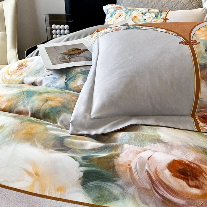 91家纺网 家纺一手货源 找家纺 大麦乐田 2025新款珍珠棉大版印花四件套 花涧-桔