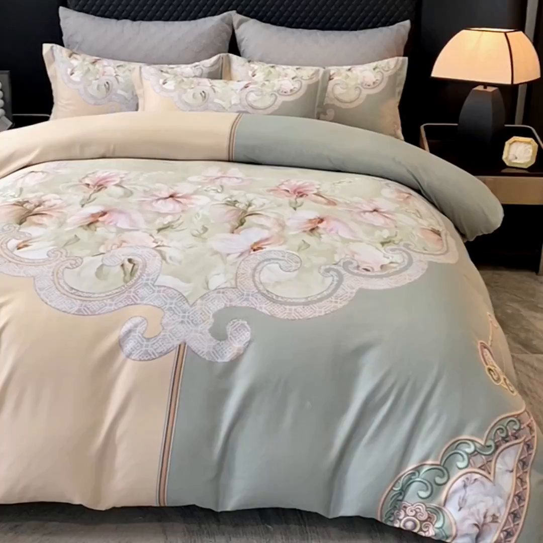 91家纺网 家纺一手货源 找家纺 大麦乐田 2025新款珍珠棉大版印花四件套 芳华-黄