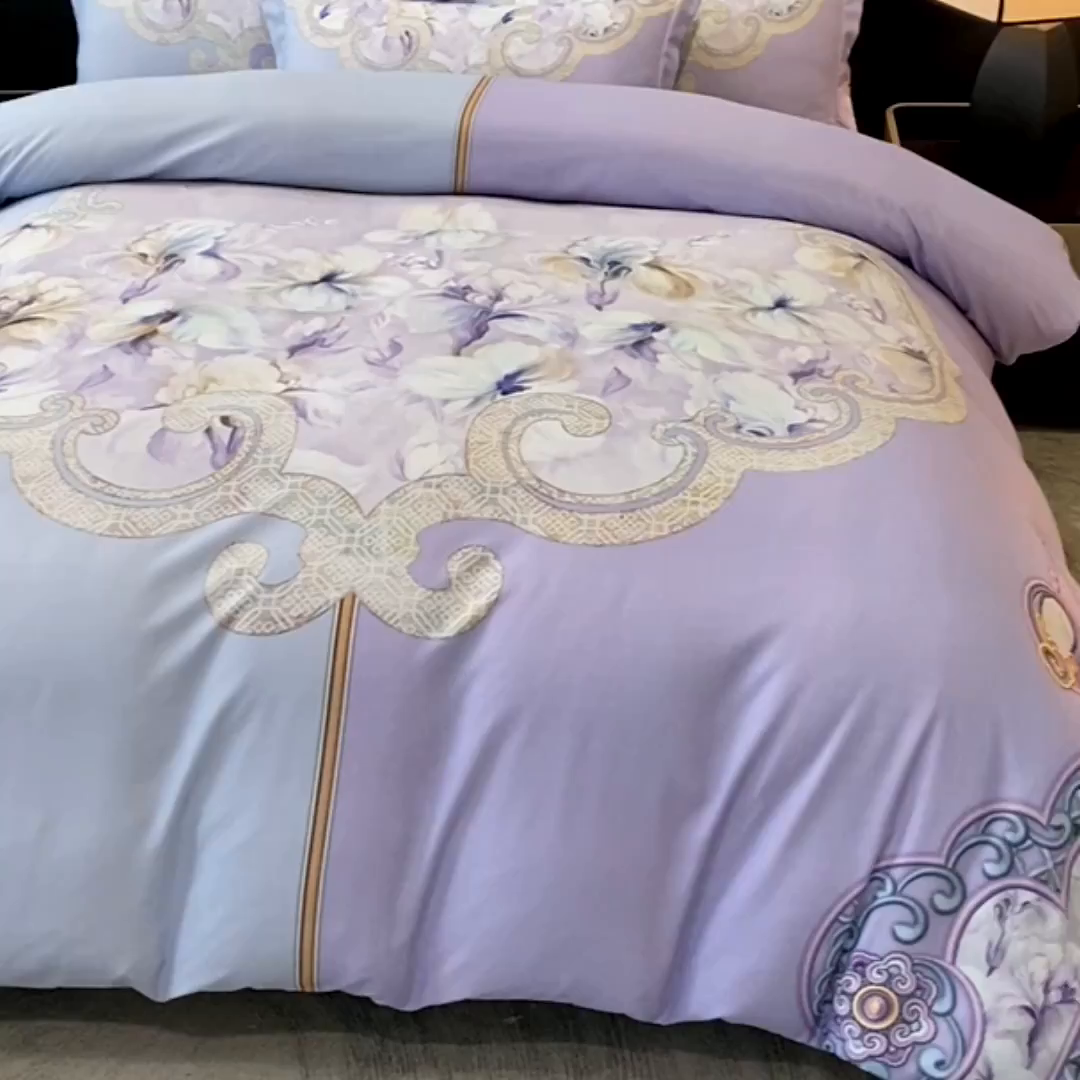 91家纺网 家纺一手货源 找家纺 大麦乐田 2025新款珍珠棉大版印花四件套 芳华-紫