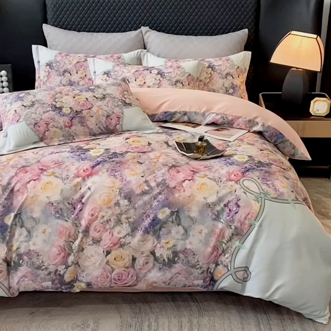 91家纺网 家纺一手货源 找家纺 大麦乐田 2025新款珍珠棉大版印花四件套 梦谷-绿