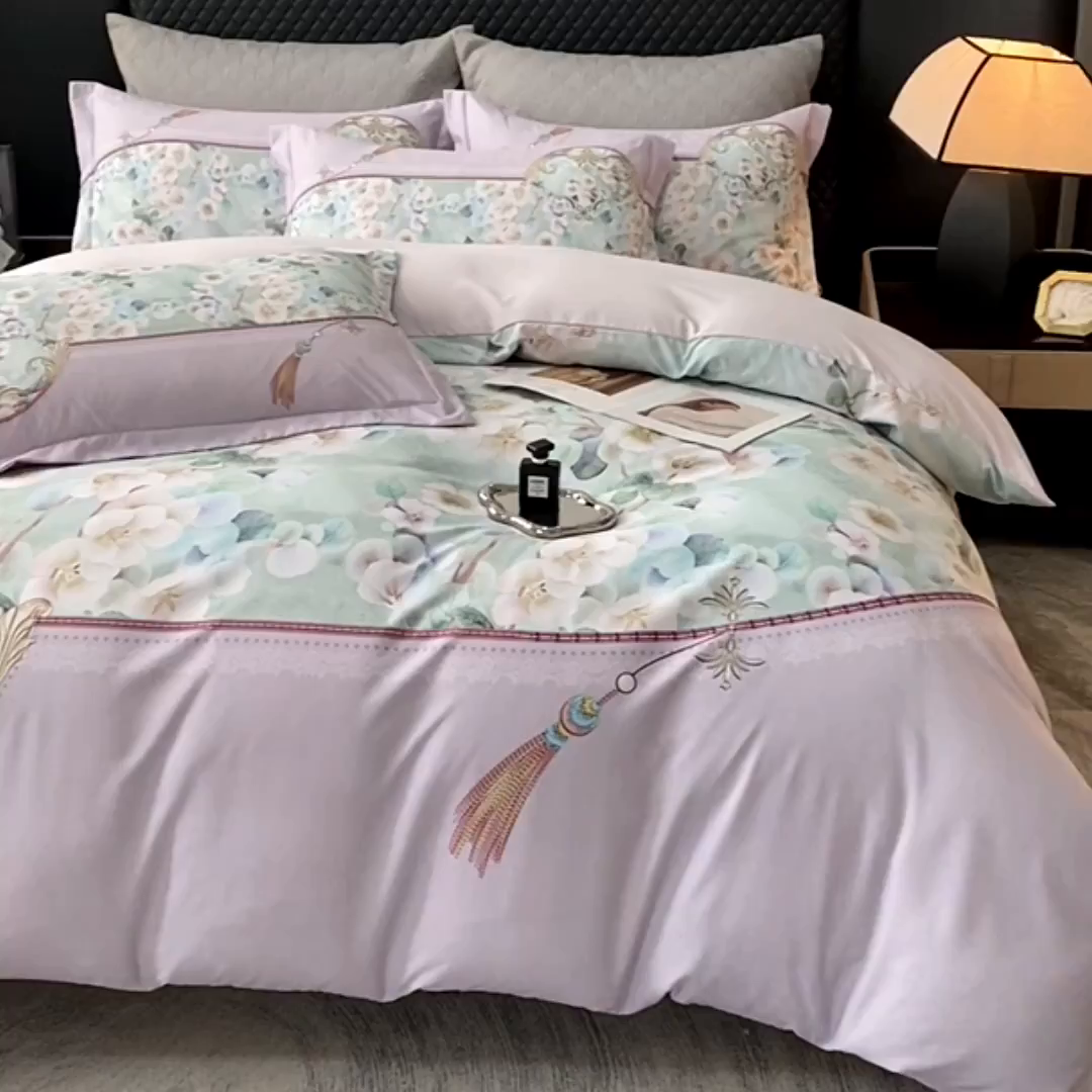 91家纺网 家纺一手货源 找家纺 大麦乐田 2025新款珍珠棉大版印花四件套 若芸-紫