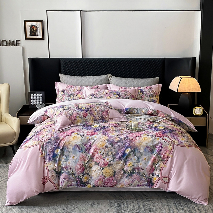 91家纺网 家纺一手货源 找家纺 大麦乐田 2025新款珍珠棉大版印花四件套 梦谷-粉