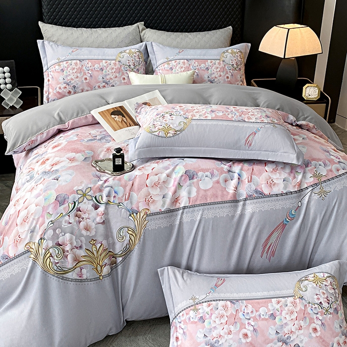 91家纺网 家纺一手货源 找家纺 大麦乐田 2025新款珍珠棉大版印花四件套 若芸-粉