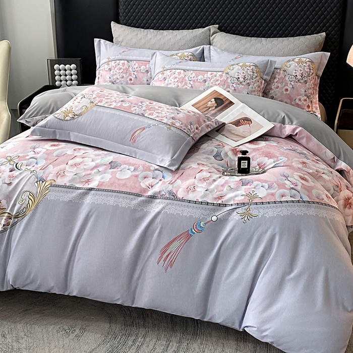 91家纺网 家纺一手货源 找家纺 大麦乐田 2025新款珍珠棉大版印花四件套 若芸-粉