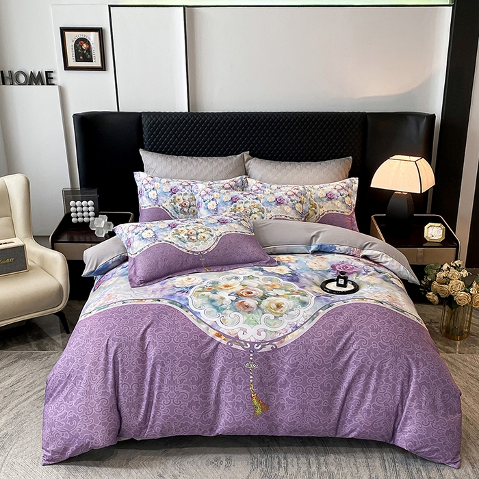 91家纺网 家纺一手货源 找家纺 大麦乐田 2025新款珍珠棉大版印花四件套 境涧-紫