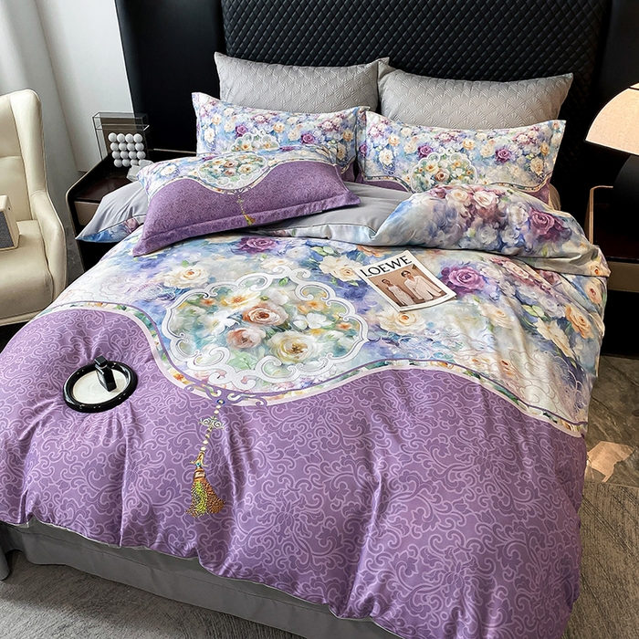 91家纺网 家纺一手货源 找家纺 大麦乐田 2025新款珍珠棉大版印花四件套 境涧-紫