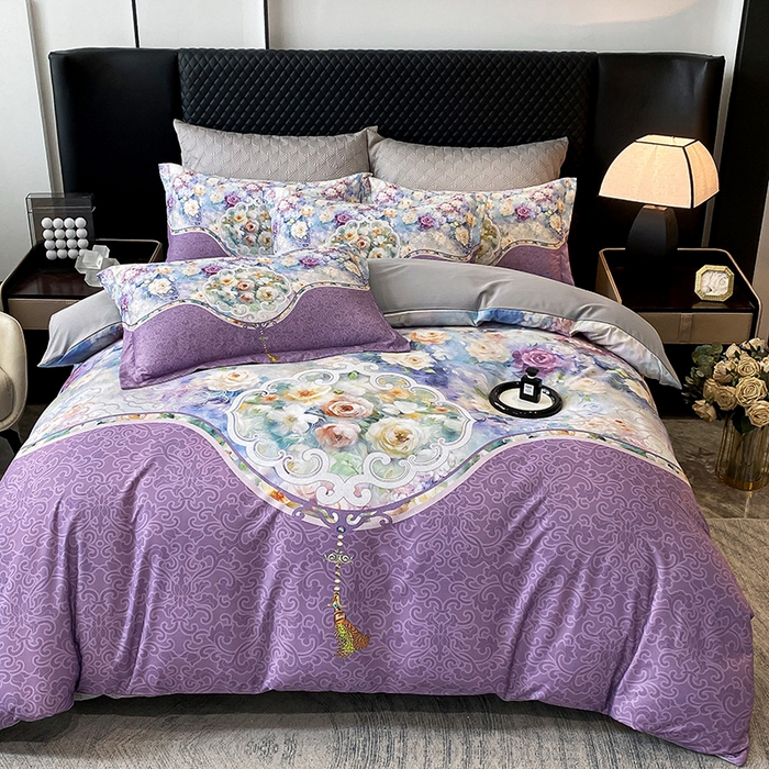 91家纺网 家纺一手货源 找家纺 大麦乐田 2025新款珍珠棉大版印花四件套 境涧-紫