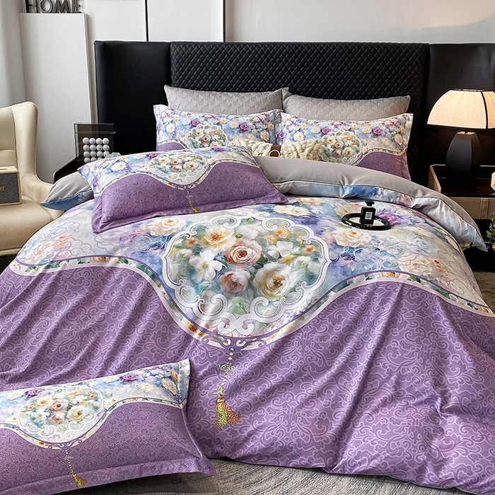 91家纺网 家纺一手货源 找家纺 大麦乐田 2025新款珍珠棉大版印花四件套 境涧-紫