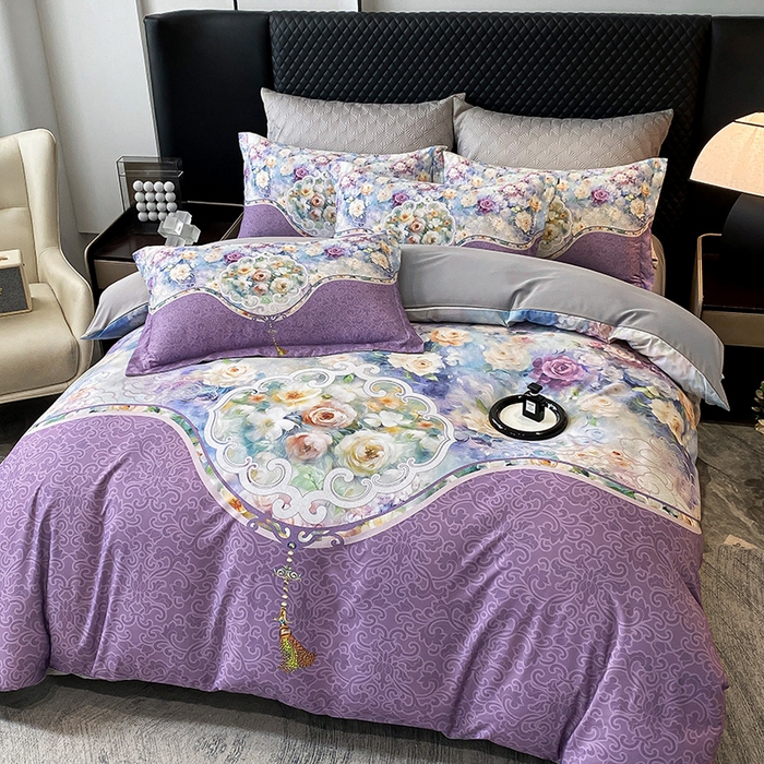 91家纺网 家纺一手货源 找家纺 大麦乐田 2025新款珍珠棉大版印花四件套 境涧-紫