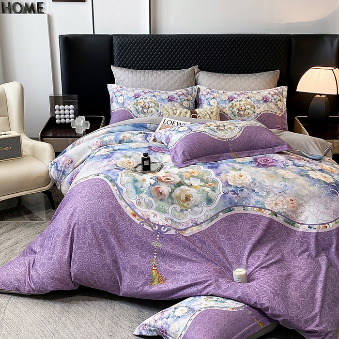 91家纺网 家纺一手货源 找家纺 大麦乐田 2025新款珍珠棉大版印花四件套 境涧-紫