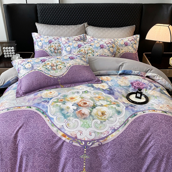 91家纺网 家纺一手货源 找家纺 大麦乐田 2025新款珍珠棉大版印花四件套 境涧-紫