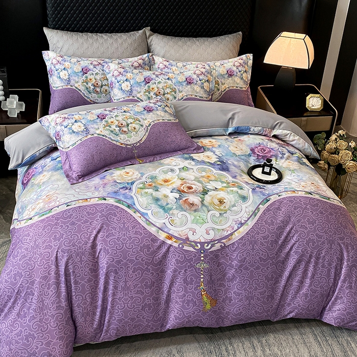 91家纺网 家纺一手货源 找家纺 大麦乐田 2025新款珍珠棉大版印花四件套 境涧-紫