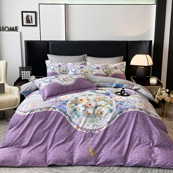 91家纺网 家纺一手货源 找家纺 大麦乐田 2025新款珍珠棉大版印花四件套 境涧-紫