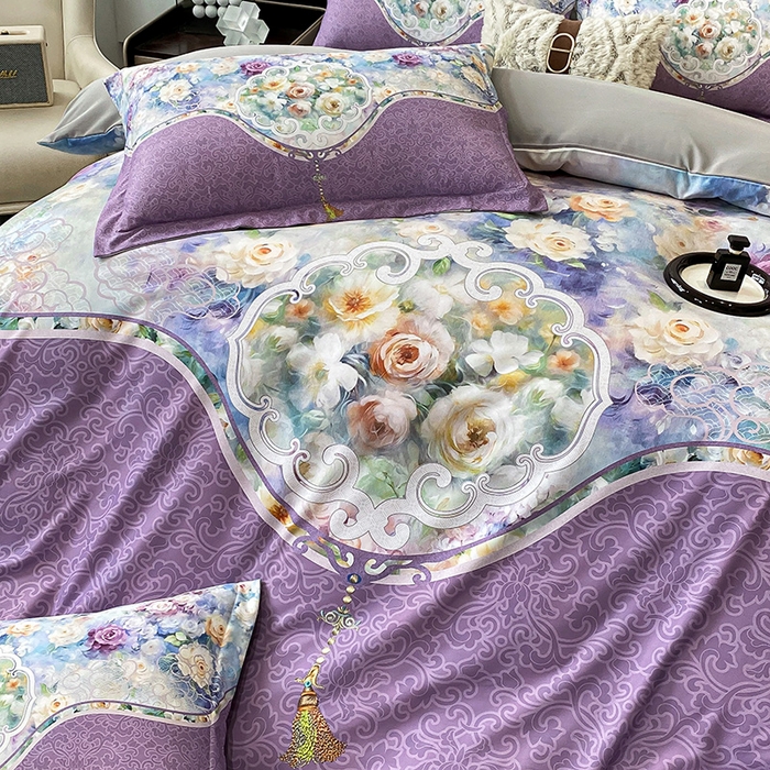 91家纺网 家纺一手货源 找家纺 大麦乐田 2025新款珍珠棉大版印花四件套 境涧-紫