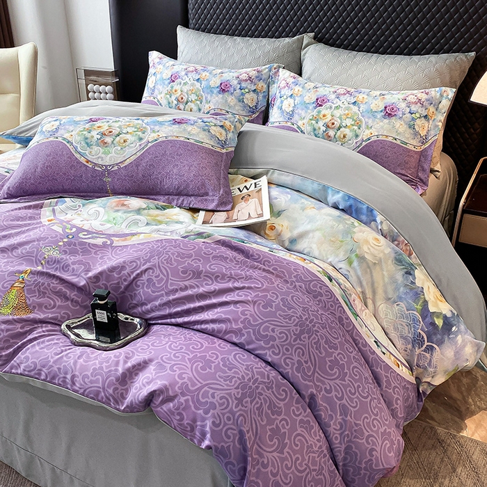 91家纺网 家纺一手货源 找家纺 大麦乐田 2025新款珍珠棉大版印花四件套 境涧-紫