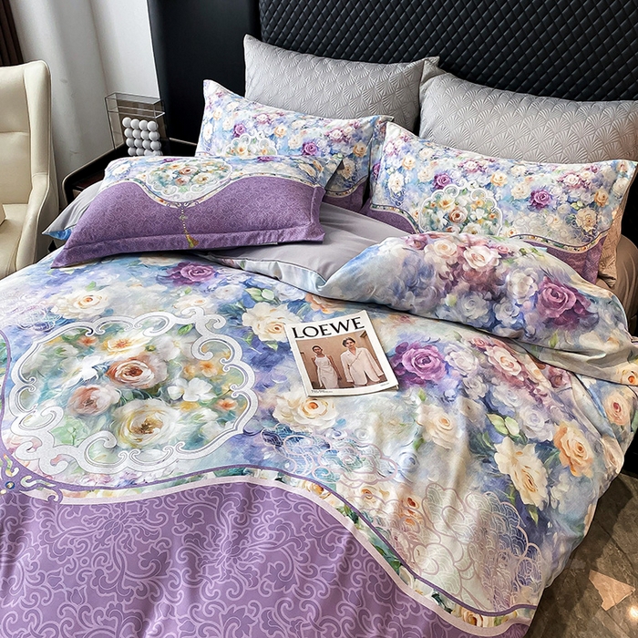 91家纺网 家纺一手货源 找家纺 大麦乐田 2025新款珍珠棉大版印花四件套 境涧-紫