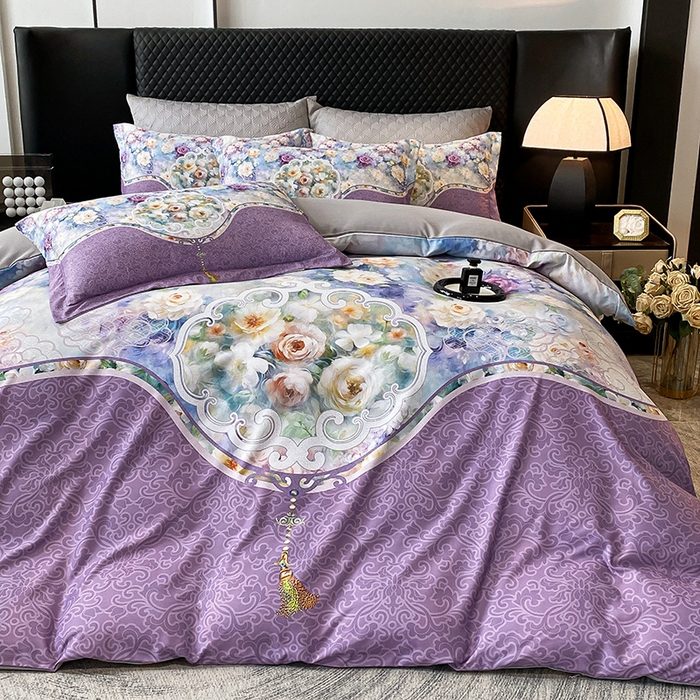 91家纺网 家纺一手货源 找家纺 大麦乐田 2025新款珍珠棉大版印花四件套 境涧-紫