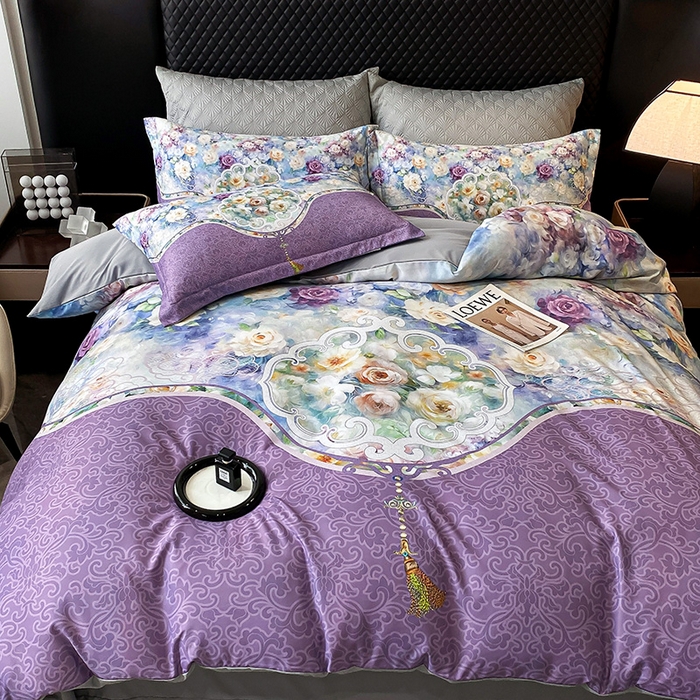 91家纺网 家纺一手货源 找家纺 大麦乐田 2025新款珍珠棉大版印花四件套 境涧-紫