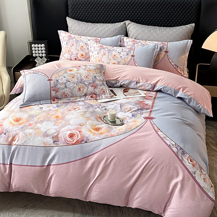 91家纺网 家纺一手货源 找家纺 大麦乐田 2025新款珍珠棉大版印花四件套 花涧-粉