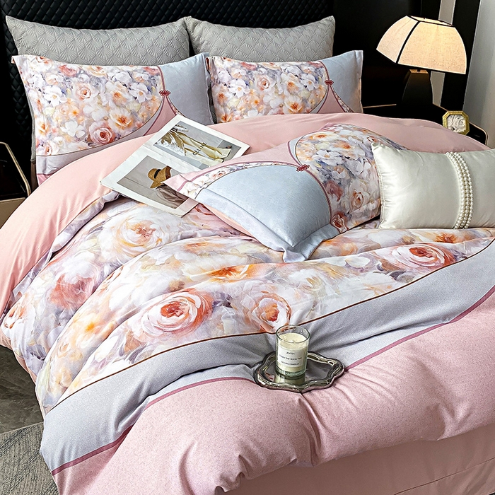 91家纺网 家纺一手货源 找家纺 大麦乐田 2025新款珍珠棉大版印花四件套 花涧-粉