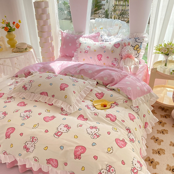 91家纺网 家纺一手货源 找家纺 玉元坊 2025新款全棉纯棉凯蒂猫白花边款式四件套 公主kt 花边款