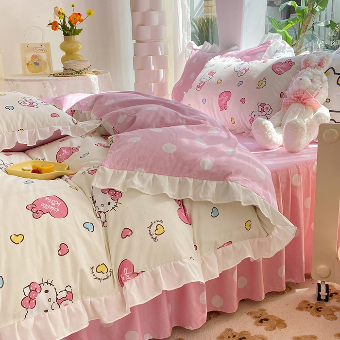 91家纺网 家纺一手货源 找家纺 玉元坊 2025新款全棉纯棉凯蒂猫白花边款式四件套 公主kt 花边款