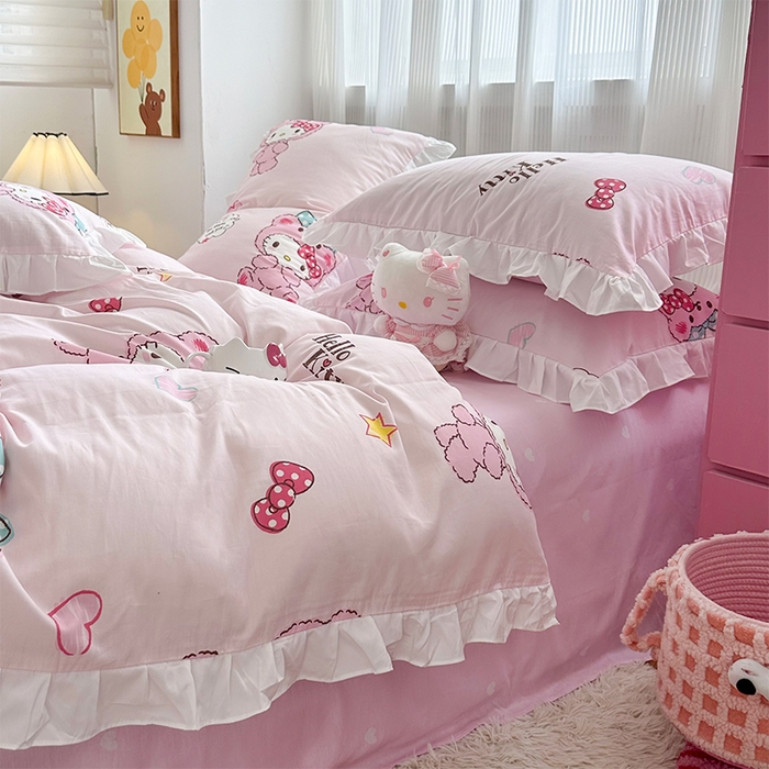 91家纺网 家纺一手货源 找家纺 （总）玉元坊 2025新款全棉纯棉凯蒂猫白花边款式四件套