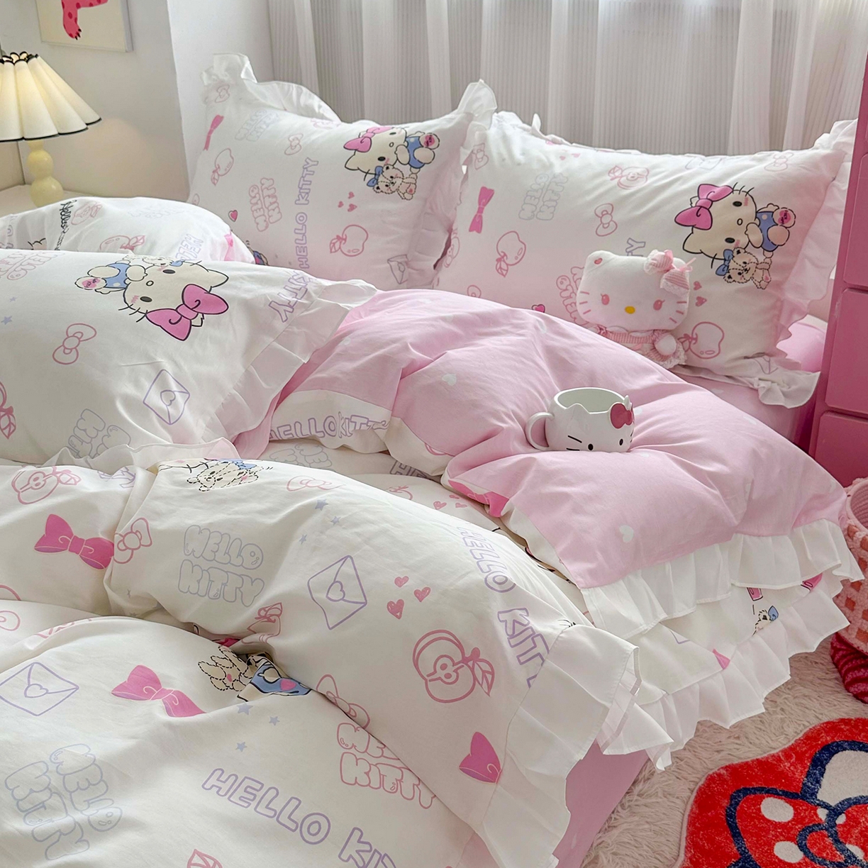 91家纺网 家纺一手货源 找家纺 （总）玉元坊 2025新款全棉纯棉凯蒂猫白花边款式四件套